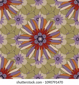 Seamless pattern abstract mandalas in brown, yellow and red colors. Raster design. A variety of shapes and floral elements. For desktop, Wallpaper for, trance, meditation, serene paints combinations.