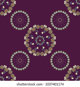Seamless pattern abstract mandalas in gray, brown and purple colors. A variety of shapes and floral elements. For desktop, Wallpaper for, trance, meditation, serene paints combinations. Vector design.