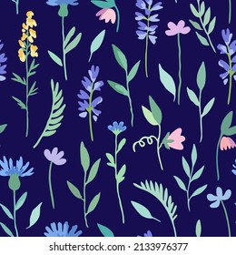Patrón inmaculado con flores de pradera abstractas de delicado estilo acuarela.