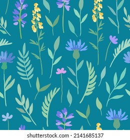 Seamless pattern with abstract meadow flowers in delicate watercolor style.