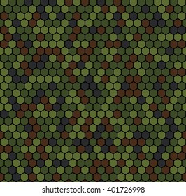 Seamless pattern. Abstract military or hunting camouflage background. Green and brown color. Made from geometric hexagons shapes. Honeycomb. Vector illustration. EPS10. 