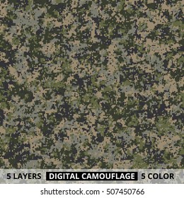 Seamless pattern. Abstract military or hunting digital pixel camouflage background. 5 colors on separate layers. Vector illustration.
