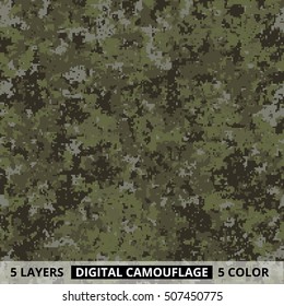 Seamless pattern. Abstract military or hunting digital pixel camouflage background. 5 colors on separate layers. Vector illustration.