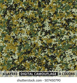 Seamless pattern. Abstract military or hunting digital pixel camouflage background. 4 colors on separate layers. Vector illustration.