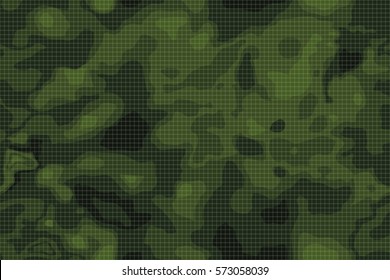 Seamless pattern. Abstract military or hunting camouflage background. Green color shapes with square gray grid. Vector illustration.