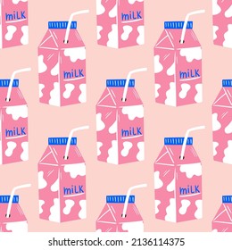 Seamless pattern with abstract milk boxes with straws. Background with hand drawn cartoon drink package. Funky doodle texture for textile, wrapping paper, wallpaper, design and print