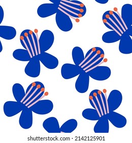 Seamless pattern with abstract minimal blue flowers. Floral  spring and summer background. Perfect for fabric design, wallpaper, apparel. Vector illustration