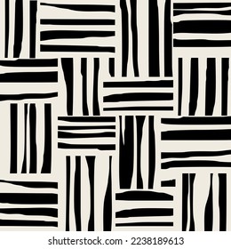 Seamless pattern with abstract Minimal elegant line brush stroke shapes. Repeating geometric elements. Stylish monochrome background design. Vector illustration