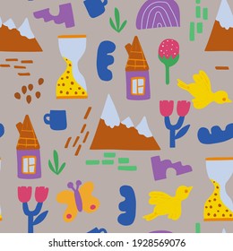 Seamless pattern of abstract minimalist elements. Simple shapes, nature, house, objects, birds.  Design elements are hand-drawn, stylized as a child's drawing. Vector.