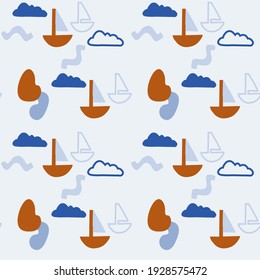 Seamless pattern of abstract minimalist elements. Simple shapes, boat with sail, clouds in the sky, water. Symbolism.  Design elements are hand-drawn, stylized as a child's drawing. Vector.