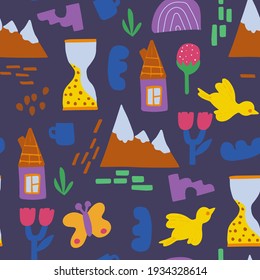 Seamless pattern of abstract minimalist elements. Simple shapes, nature, house, objects, birds.  Design elements are hand-drawn, stylized as a child's drawing. Vector.