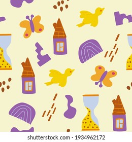 Seamless pattern of abstract minimalist elements. Simple shapes, nature, house, objects, birds.  Design elements are hand-drawn, stylized as a child's drawing. Vector.