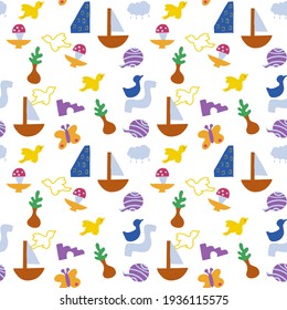 Seamless pattern of abstract minimalist elements. Simple shapes, nature, house, objects, birds.  Design elements are hand-drawn, stylized as a child's drawing. Vector.