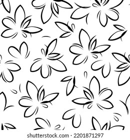 Seamless pattern from abstract minimalist flower black swirls lines on a white background.