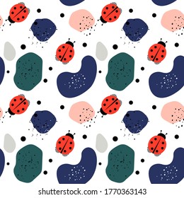 Seamless pattern of abstract modern background. Ladybug, various shapes of shapes, dots, black circles and lines are drawn. for printing on a card, postcard, invitation, flyer. Trendy vector 