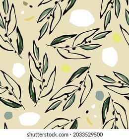 Seamless pattern abstract modern wall art, poster, label, stylized hand drawing olive tree branch, pastel spots. Botanical modern design. Vector illustration isolated