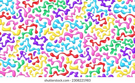 Seamless pattern of abstract molten plastic 3d shapes and droplets, wavy rainbow-colored amorphous volumetric forms, vector background for Y2K or futuristic design