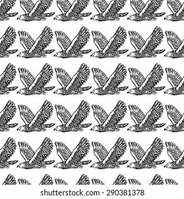 Seamless pattern of abstract monochrome silhouettes flying eagle, bird. vector