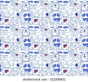 Seamless pattern with abstract monsters on notebook