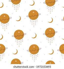 Seamless pattern with abstract moon and planet. Contemporary scandinavian design for wallpaper and home decor. Modern vector illustration in boho style.