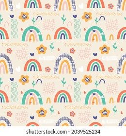 seamless pattern with abstract multicolored flowers and rainbows, illustration in cartoon style for childrens design and textiles