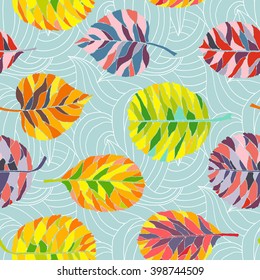 Seamless pattern with abstract multicolored leaves on gray background. Vector illustration.
