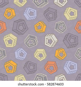 Seamless pattern with abstract multicolored screw nuts placed in different angles on lilac background