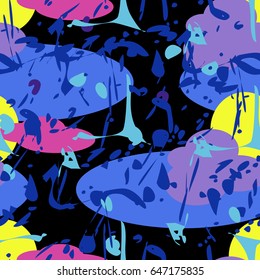 Seamless pattern abstract multicolored splashes of ink paint on black background vector illustration