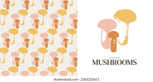 Nahtlose Muster abstrakter Pilze. Essbare Pilze im Flachstil. Waldpflanzen. Für Menüdesign, Cover, Hintergründe, Verpackungen