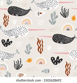 Seamless pattern with abstract narwals, rainbows, seaweeds. Undersea Childish texture for fabric, textile. Vector background