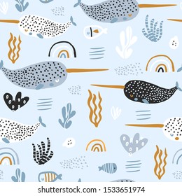 Seamless pattern with abstract narwals, rainbows, seaweeds. Undersea Childish texture for fabric, textile. Vector background