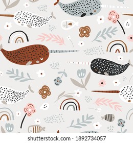 Seamless pattern with abstract narwals, rainbows,flowers. Childish texture for fabric, textile. Vector background