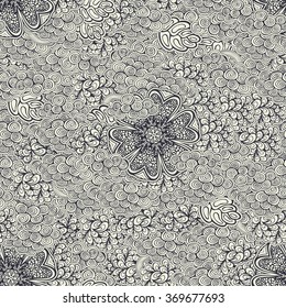 Seamless pattern. Abstract nirvana doodles, black and white version. Vector illustration