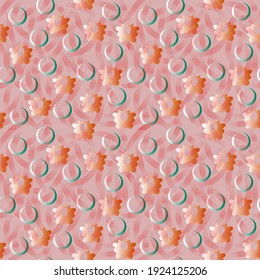 Seamless pattern of abstract objects in green and brown shades with gradient fill for textiles.