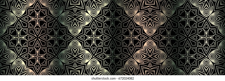 Seamless pattern with abstract openwork geometric pattern in Art Nouveau style. Black and Metallic