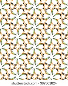 Seamless pattern with abstract orange, black and green flower elements