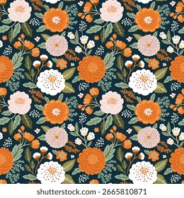 Seamless pattern with abstract orange dahlia flowers and boho plants on dark background. Flat vector illustration.
