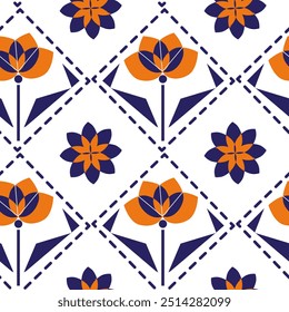 Padrão contínuo com flores laranja abstratas sobre fundo branco