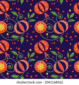 seamless pattern with abstract orange pomegranates and leaves on dark blue background