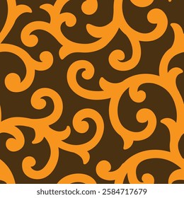 Seamless pattern with abstract orange swirl silhouette on brown background. Vintage hand drawn wallpaper. Vector stock illustration.