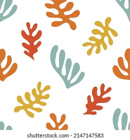 Seamless pattern with abstract organic forms and plants. White background  flat hand-drawn style colorful retro colors vector illustration algae