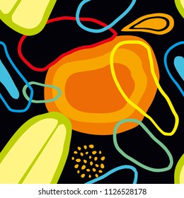 seamless pattern with abstract and organic, plant and fruit shapes in some colors on a black background