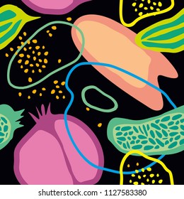 Seamless pattern with abstract and organic, plant and fruit shapes in some colors on a black background. Abstract pattern