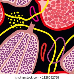 Seamless pattern with abstract and organic, plant and fruit shapes in some colors on a black background. Abstract pattern