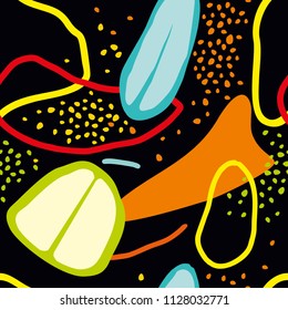 Seamless pattern with abstract and organic, plant and fruit shapes in some colors on a black background. Abstract pattern
