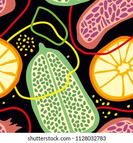 Seamless pattern with abstract and organic, plant and fruit shapes in some colors on a black background. Abstract pattern