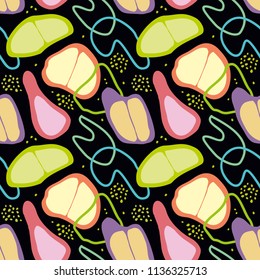Seamless pattern with abstract and organic, plant and fruit shapes in some colors on a black background. Abstract pattern
