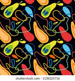 Seamless pattern with abstract and organic, plant and fruit shapes in some colors on a black background. Abstract pattern