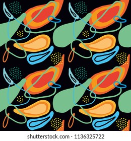 Seamless pattern with abstract and organic, plant and fruit shapes in some colors on a black background. Abstract pattern