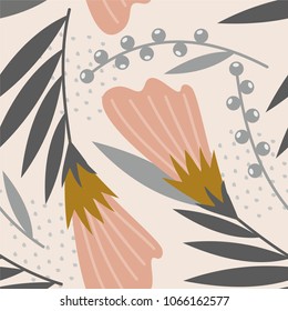 Seamless pattern with abstract and organic shapes. Abstract flowers in pastel colors